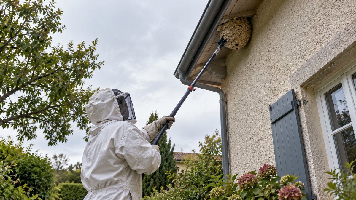 Destruction d'un nid de frelons sous une gouttiere