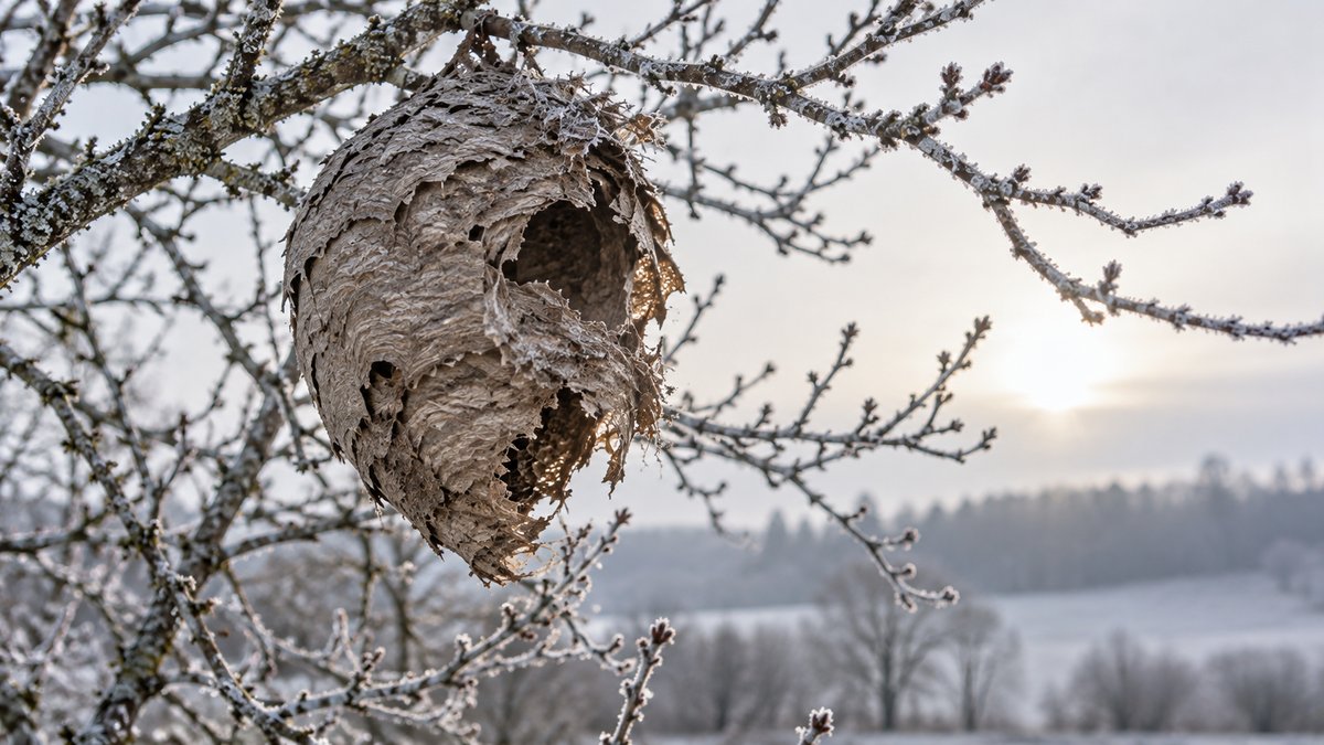 Nid de frelons abandonne en hiver avec du givre