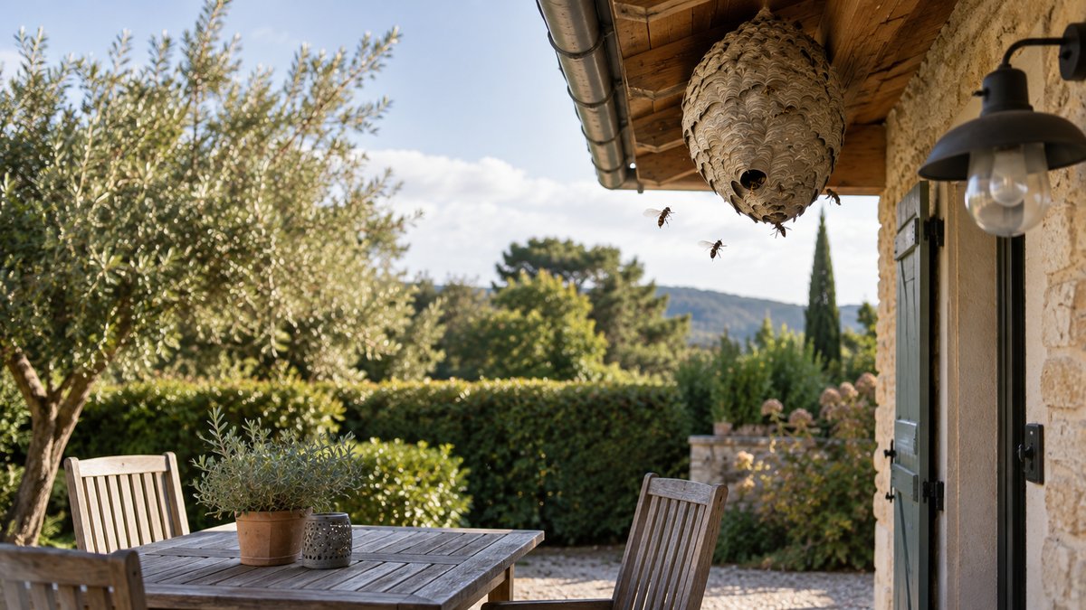 Nid de frelons sous l'auvent d'une terrasse